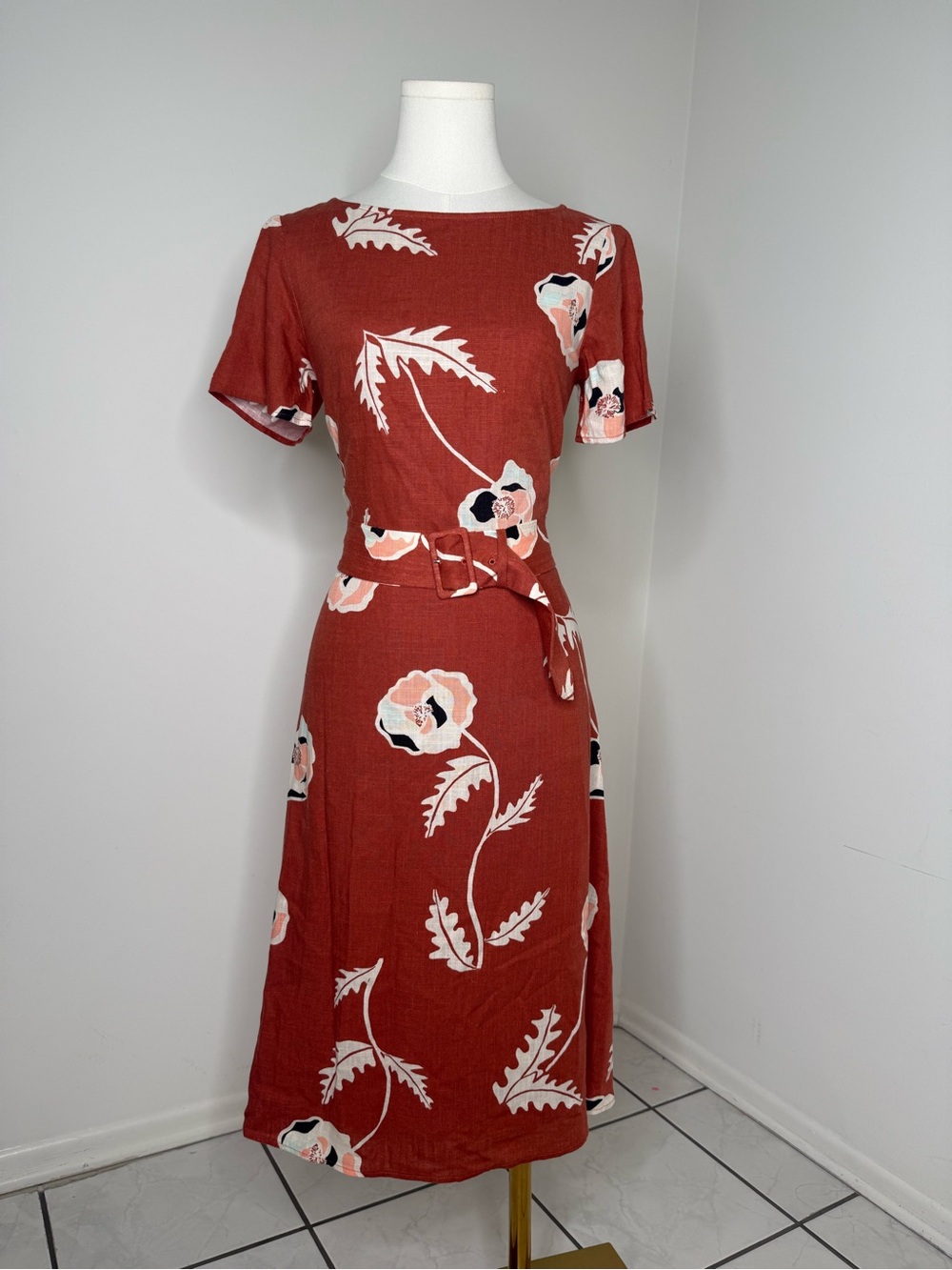 Ann Taylor Rust Floral Midi Dress with Belt - Picture 2 of 10
